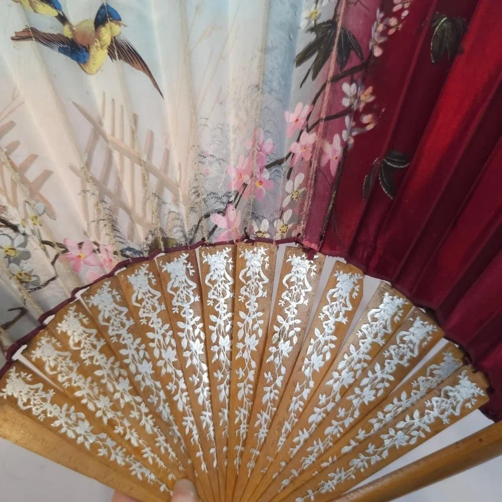 Antique Victorian Hand Painted Fan Birds Blue & Red Floral 1800s Rare Art Flower